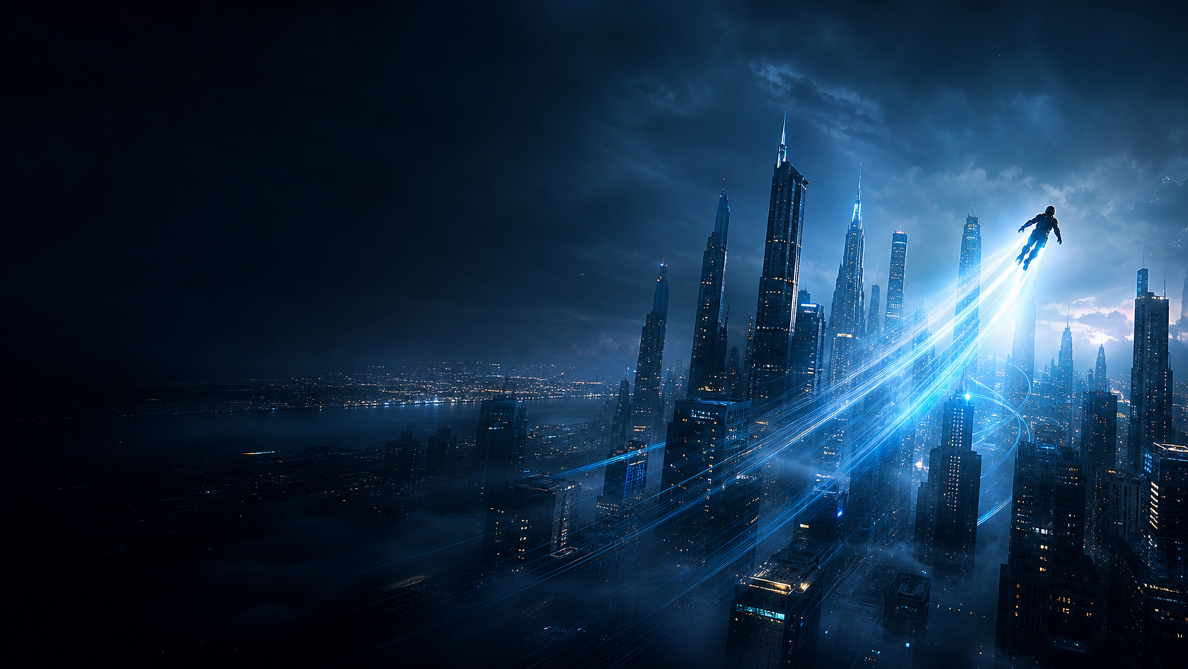 MagneThrust personal flight concept over a city skyline